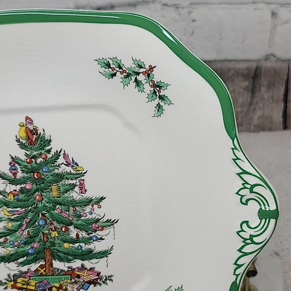 Spode Christmas Tree Vintage Collectible Ceramic Handled Square Cake Plate